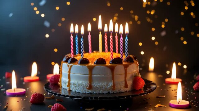 Birthday bento cake featuring high tall candles, fire light. Banner background with space for text.
