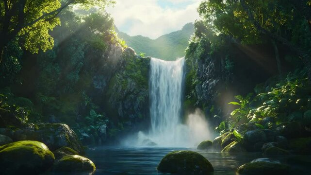 Sunbeams illuminating a stunning waterfall cascading into a tranquil pond, surrounded by lush green foliage and moss covered rocks in a vibrant tropical rainforest