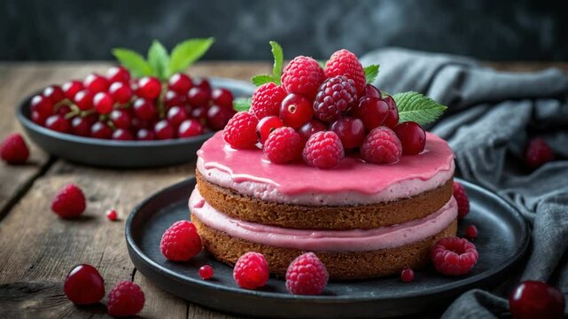 Refreshing and juicy dessert, punch cake topped with sugar icing and fresh berries on a wooden surface.