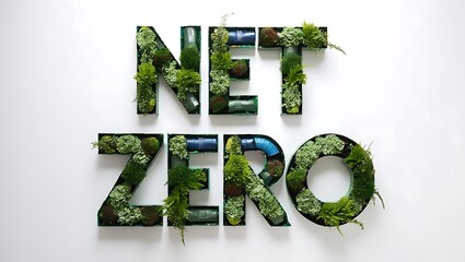 Climate action environment with net zero concept featuring letters made of recycled materials and greenery on a clean white background.