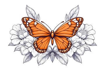 Obraz premium Orange butterfly centered amongst detailed, gray-scale floral elements