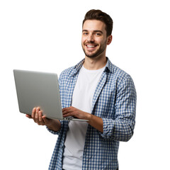 A young man smiling and holding laptop computer, isolated on a transparent background