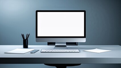 Fototapeta premium Modern computer display with a sleek keyboard and mouse on an office desk, showcasing essential desktop PC hardware and digital technology