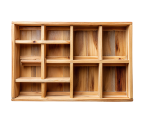 Wooden organizational tray for storage and arrangement of items on a transparent background, cut out