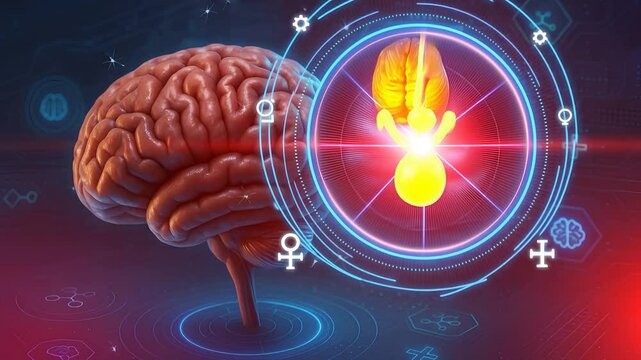Human Brain with Glowing Pituitary Gland and Gender Symbols Representing Hormonal Control and Endocrine System Function

