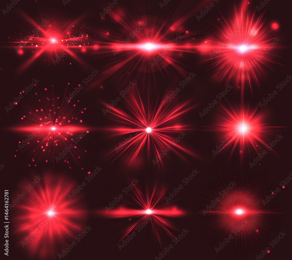 Poster glowing red light effect set with lens flare and star vector illustration design element.