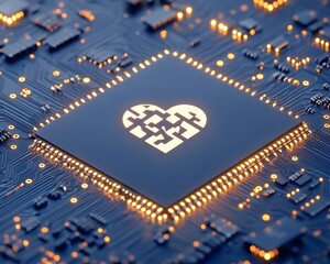 A fractured heart icon on a microchip, symbolizing vulnerability in digital healthcare