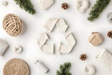 A knitted recycling symbol surrounded by natural, sustainable materials on a white background