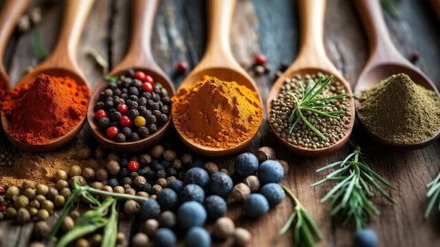 Brightly colored spices in wooden spoons