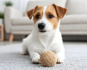 A small, white and tan dog rests on a carpet, gazing intently at the camera, a textured ball beside it