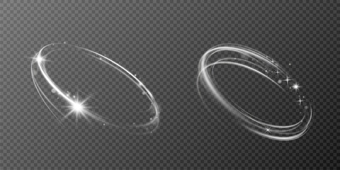 White Round Neon Light Frame with Glow Effect. Shining Elliptical Ring, Fast Light Streaks, Abstract Motion Lines, Glowing Circle Stroke, Futuristic Speed Wave on Transparent Background