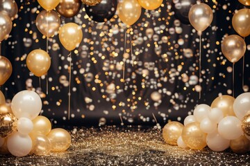 Fototapeta premium Sparkling Celebration with White and Gold Balloons and Confetti