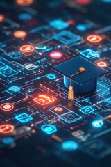 Digital Education: Graduation Cap on Innovative Technology Background.