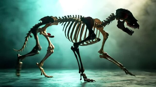 Bronze-toned dog skeleton under spotlight in dramatic smoky background