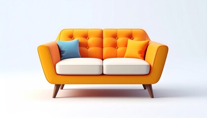 Orange Sofa with Pillows on White Background
