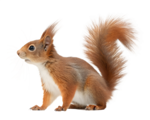 Full length view of a eurasian red squirrel standing on hind legs, isolated on transparent background