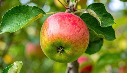 Ripe Red Apple:  A single, juicy red apple hangs proudly on a branch, its skin glistening with morning dew, surrounded by vibrant green leaves.