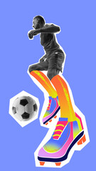 Poster. Conceptual art collage. Player focuses on controlling ball while wearing vibrant gradient cleats and orange socks. Concept of professional sport, active lifestyle, betting, game.