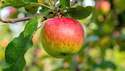 A Juicy Apple on the Branch: A close-up view of a ripe apple, bursting with color, hanging gracefully from a tree branch, showcasing the beauty of nature's bounty.