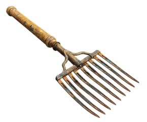 Vintage garden fork designed for digging and tilling soil on a transparent background, cut out
