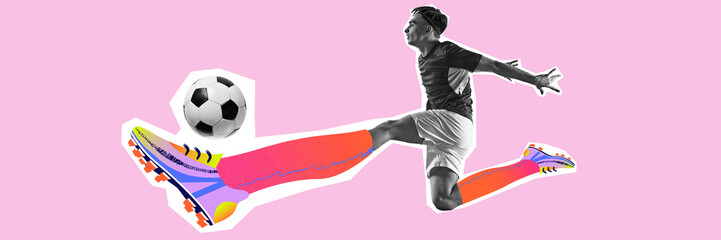 Banner. Modern artwork. Young man kicks football in air with full motion wearing oversized stylized boots in bright colors. Concept of sport events, active lifestyle, betting, game, movement.