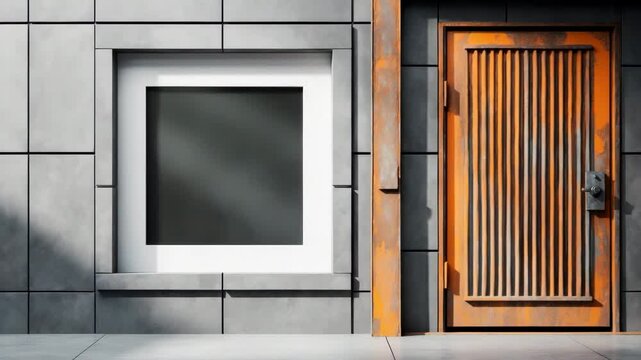 Blank signboard with a black empty space ideal for logo mockups and advertising media, alongside a weathered iron door on the right.
