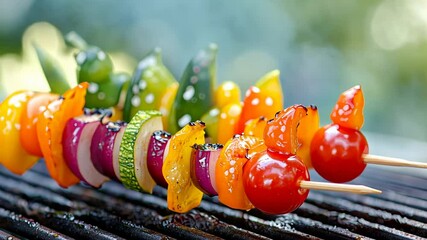 Vibrant vegetable skewers grilling outdoors with fresh cherry tomatoes, peppers, and zucchini. - Powered by Adobe