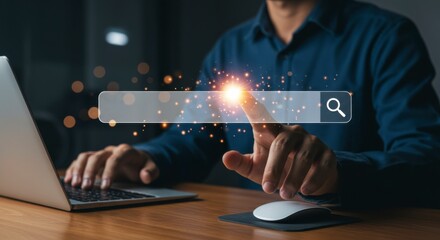 User engaging with search technology office environment digital interaction professional setting close-up perspective innovative concepts
