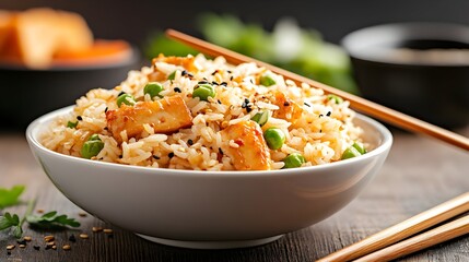 Savory tofu and pea fried rice in a white bowl, garnished with sesame seeds