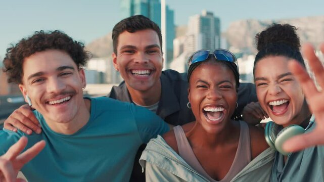 Selfie, runner and face of friends in city for workout success, training achievement and photography. Picture, fitness club and exercise with people outdoor for peace sign, health and sports pov