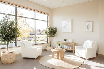 Serene waiting area with ample natural light, featuring two white armchairs, potted plants, and minimalist decor