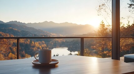 Serene sunrise view with coffee on wooden table overlooking lake and mountains