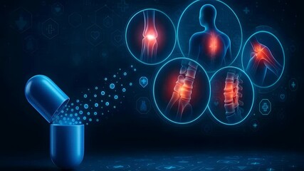 Pain Relief Capsule Releasing Glowing Particles Targeting Joint and Muscle Pain Zones Across Human Body in Digital Format

