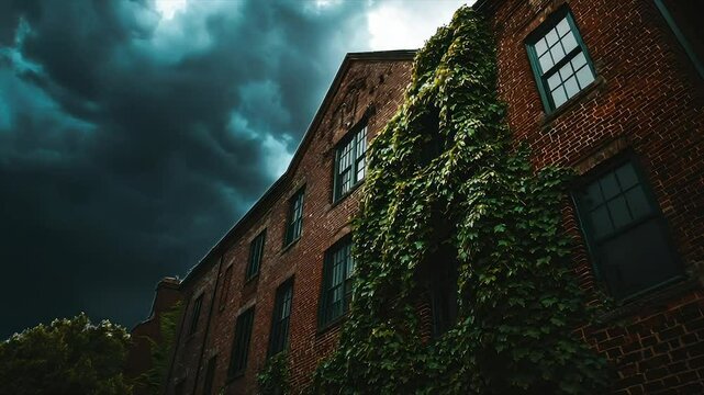 Stormy Brick Building with Vines