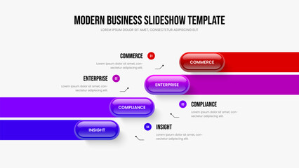 Consulting Profile Four Element Diagram Slideshow Layout. Service Solution 4 Step Infographic Frame Design. Market Portfolio Slide Template Vector Illustration.
