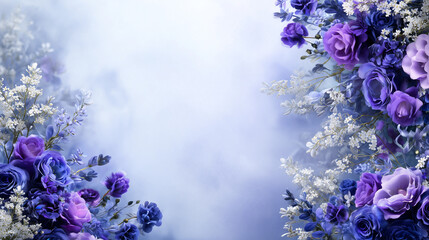 青と紫と白の花が美しく咲き敷き詰められたフラワーウォール背景