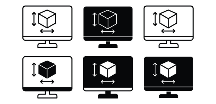 CAD Monitor Icons Showing Isometric Cube Black and White Color Vector Design Illustration