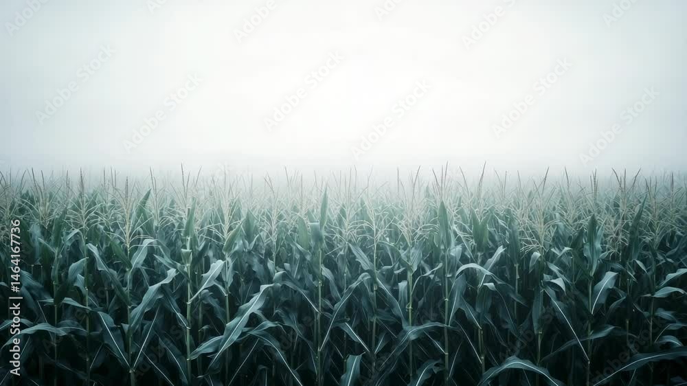 Poster dense fog enveloping a vast cornfield in the early morning creates a mysterious and evocative atmosp