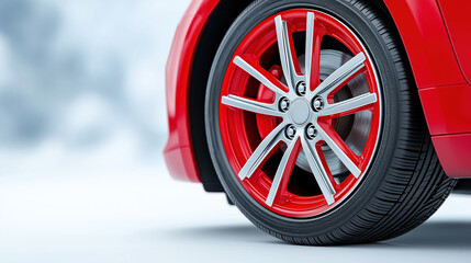 Bright red car wheel with stylish alloy rim on icy surface