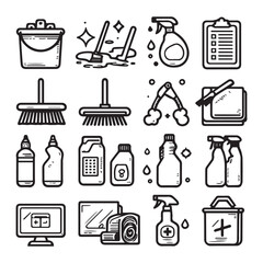 set of vector clip art elements of cleaning supplies and equipment
