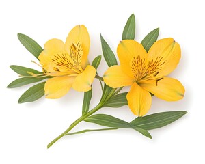 Fototapeta premium Two vibrant yellow lilies with green leaves, isolated on white background