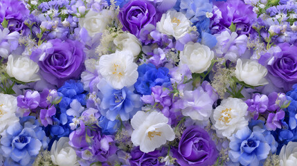 青と紫と白の花が美しく咲き敷き詰められたフラワーウォール背景