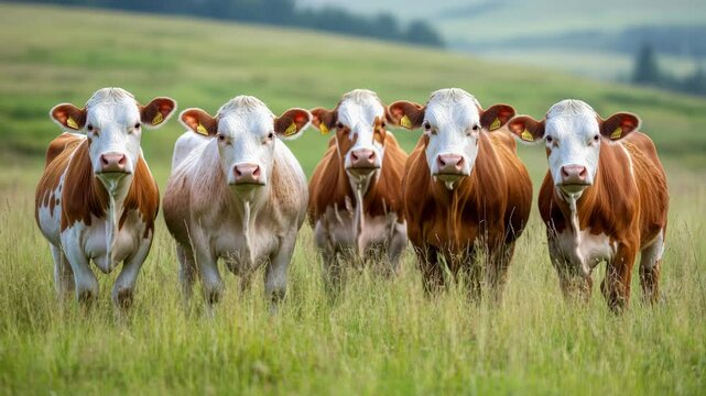 Five hereford cattle grazing in a lush green pasture, showcasing their striking red and white coats, embodying the essence of tranquil rural life in a picturesque landscape