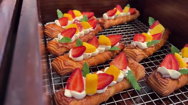 Strawberry tartlets with vanilla pastry cream - mini fruit tarts filled with custard vanilla pastry cream in a cookie crust. Homemade Dessert on awooden board, Vertical image. High quality 