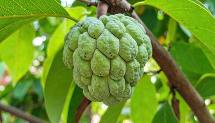 Fototapeta premium Sweet Custard Apple on Tree: A close-up, vibrant image captures a ripe custard apple, a tropical fruit, hanging from a tree branch, showcasing its unique texture, nestled amidst lush, green foliage.