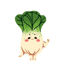 Cute character of Napa or Chinese cabbage says Hello with hand gesture. Happy cartoon salad leaves welcome, waving. Funny vegetable is greeting. Flat isolated drawing illustration on white background