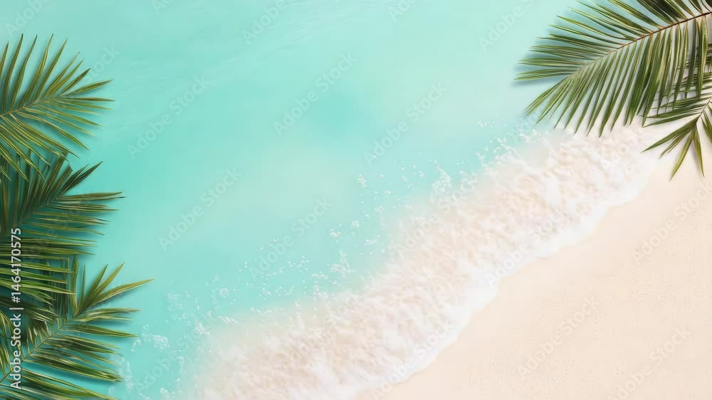 Poster soft waves lapping gently against the shore of a pristine beach, framed by lush palm leaves, create 