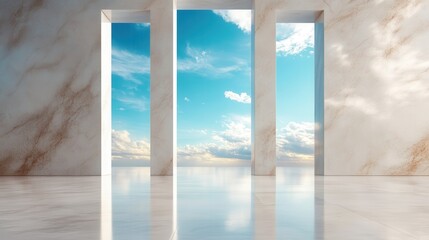 This image showcases a beautiful open space with three majestic archways, allowing a captivating view of the serene blue sky and fluffy clouds, invoking a sense of tranquility.