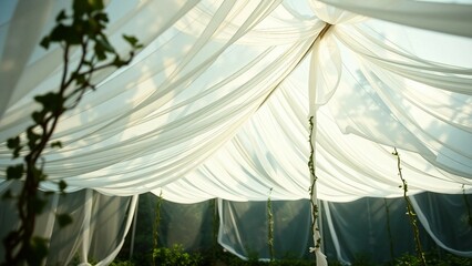 Flowing white drapes cascade elegantly, forming a beautiful canopy decor enhanced by greenery. This serene outdoor setting exudes calmness, ideal for weddings, events, or celebrations with a natural t