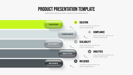 Market Report Five Option Infographic Slideshow Design. Sales Portfolio Presentation Layout Vector Illustration. Professional Insight 5 Step Diagram Slide Template.